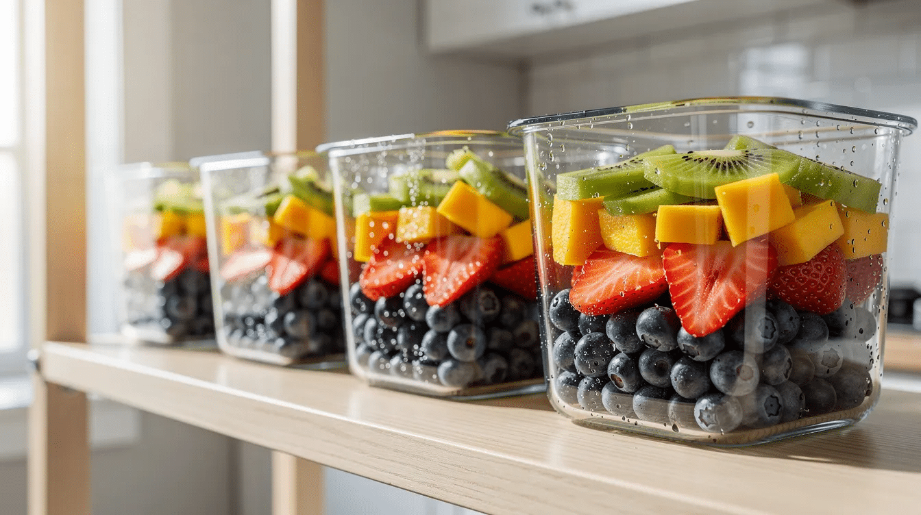 The image shows glass meal prep containers filled with rehydrated blueberries and an assortment of fresh fruits, neatly arranged on a kitchen shelf. The vibrant colors of the berries and fruits highlight their freshness, while the containers suggest a convenient way to store dehydrated foods and maintain their blueberry flavor.