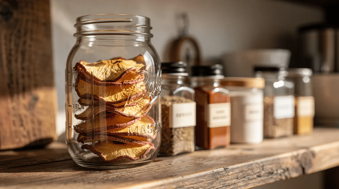 A glass mason jar filled with golden dehydrated apple slices is displayed on a wooden kitchen shelf, accompanied by various spice bottles. The dried apples, a nutritious snack, are carefully stored in an airtight container, showcasing the results of the drying process, which can include methods like sun drying or using a food dehydrator.