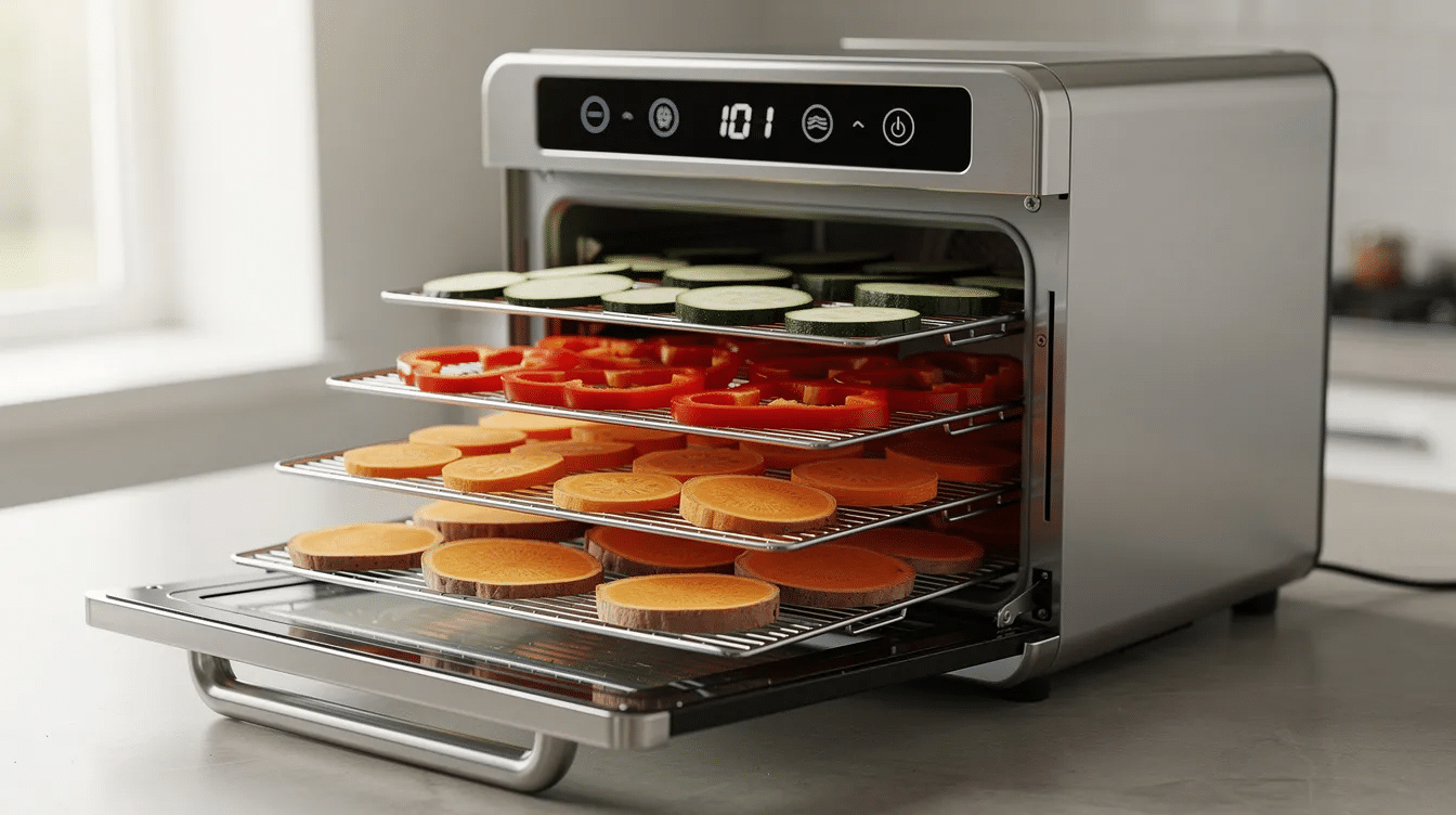 The image shows a countertop air fryer, specifically a Ninja Foodi, with its racks pulled out, revealing sliced fresh bell peppers and chili peppers arranged in a single layer, drying inside. The oven door is slightly open, allowing for air circulation in the dehydrating process, perfect for learning how to dehydrate peppers for spice blends or hot sauces.