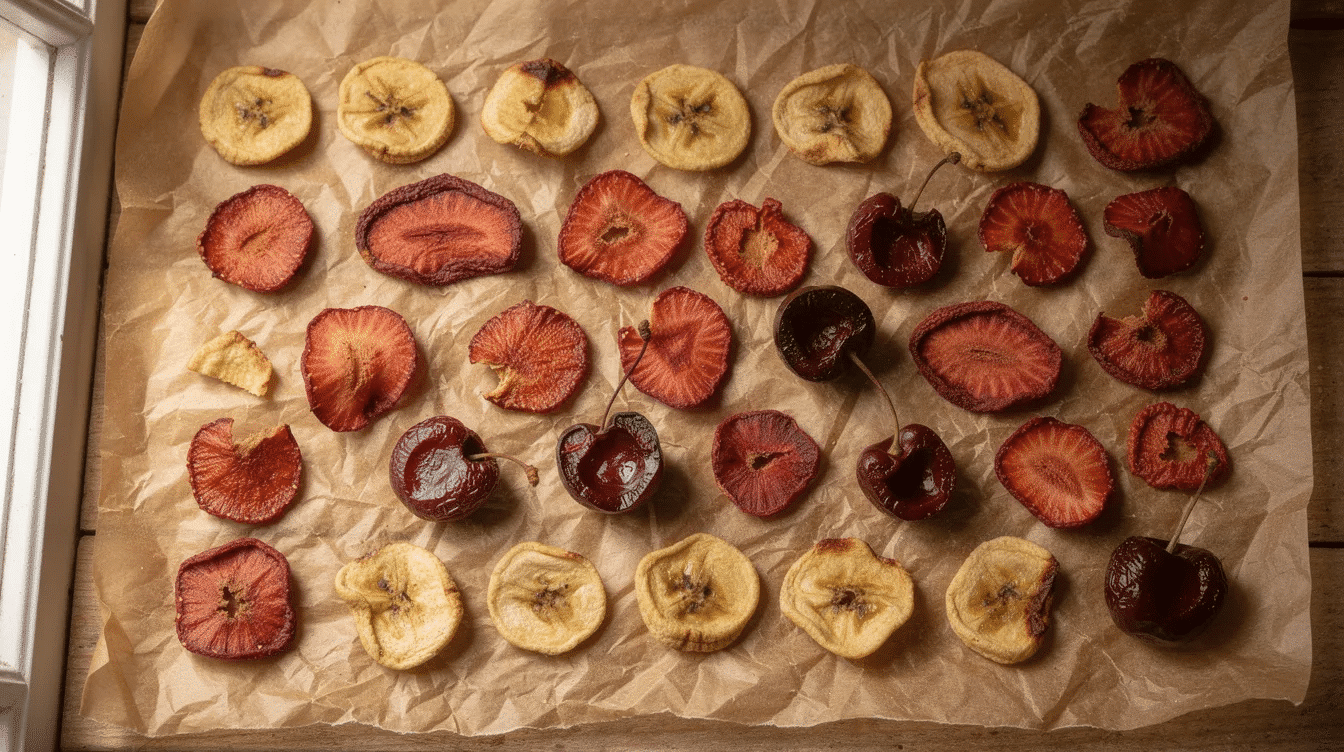 The image features an assortment of dehydrated fruit pieces, including crispy banana chips, vibrant dried strawberry slices, and plump cherry halves, all beautifully arranged on a sheet of parchment paper. This colorful display of dried fruit makes for healthy snacks and showcases the process of dehydrating berries and other fruits for long-term storage.