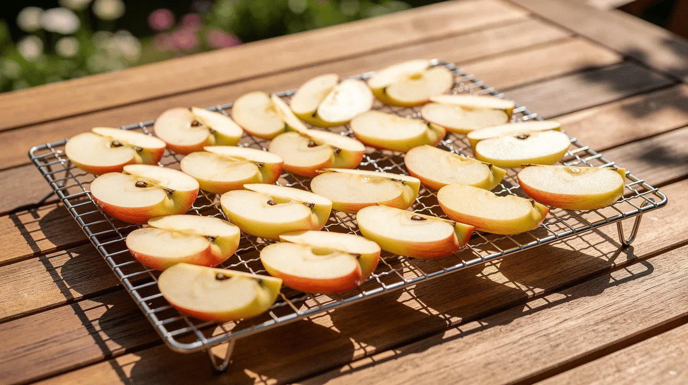 Brightly lit apple slices are neatly arranged in a single layer on a wire mesh rack, positioned on a wooden patio table under the sun, showcasing the drying process for dehydrated apples. This method, often used for making nutritious snacks like apple chips, allows for air circulation and helps prevent browning, ensuring the slices become completely dry.