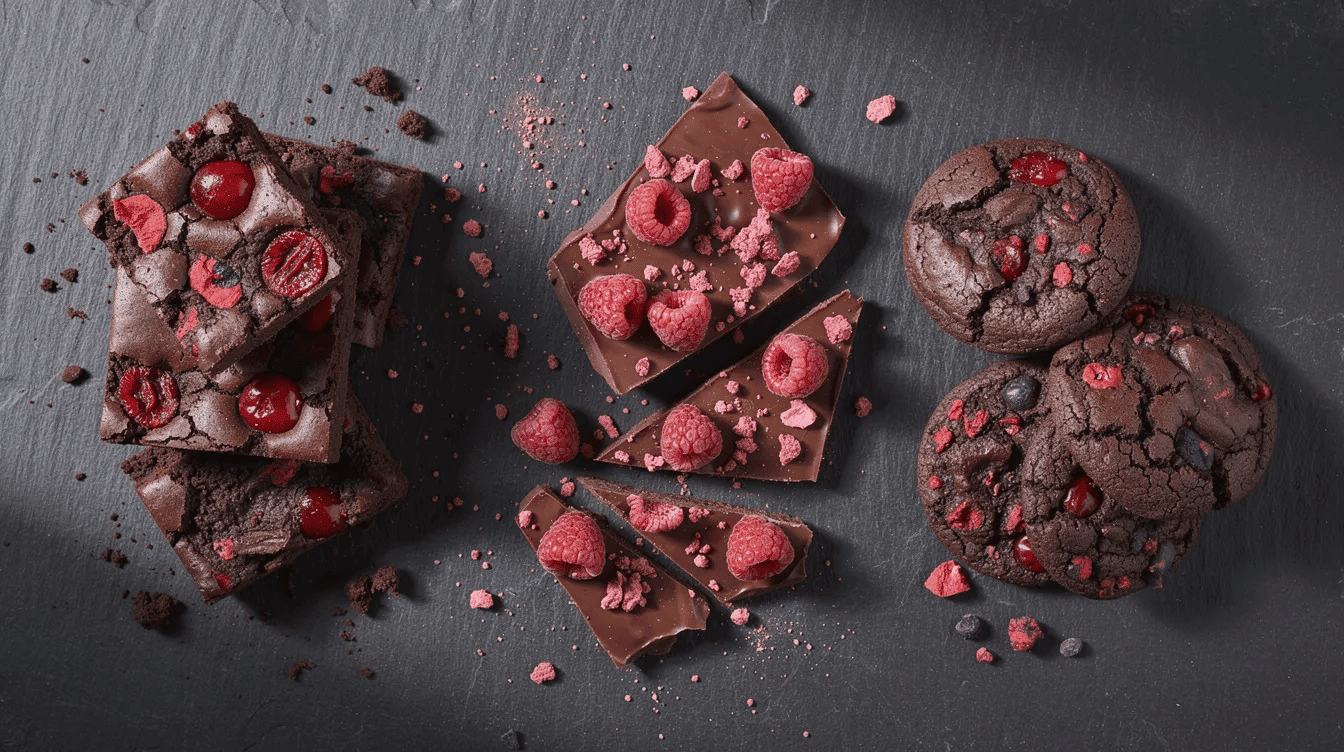 The image features decadent dark chocolate brownies filled with pockets of freeze dried cherries, alongside a vibrant milk chocolate bark topped with freeze dried raspberries. Additionally, there are double chocolate cookies enhanced with a fruity crunch from freeze dried berries, showcasing the versatility of baking with freeze dried fruit for added flavor and texture.