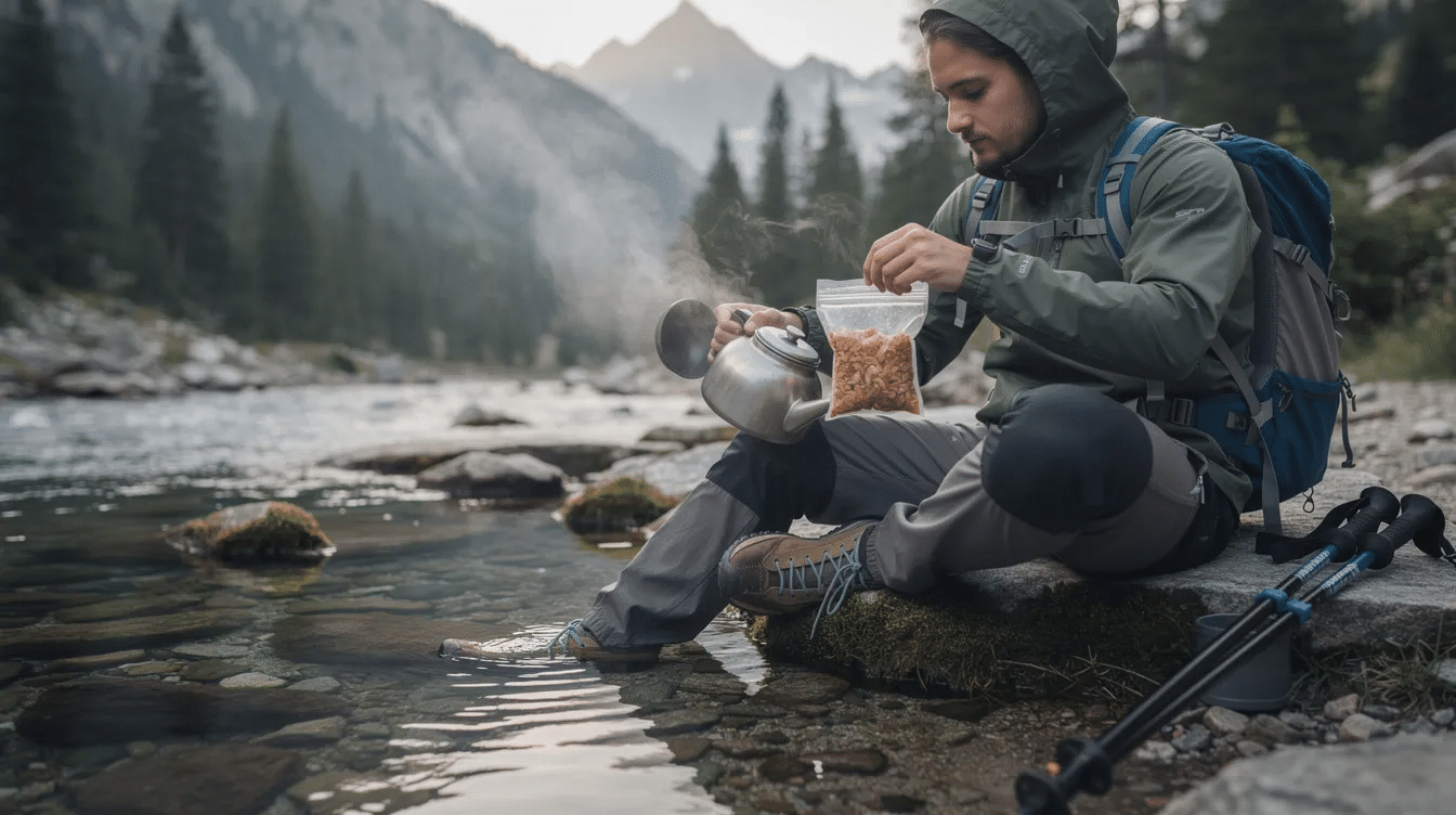 A hiker is sitting beside a mountain stream, carefully pouring boiling water into a pouch of dehydrated food, preparing a warm meal for their backpacking trip. This scene highlights the convenience of dehydrated meals, which are popular for their long shelf life and ease of storage in vacuum-sealed bags or airtight containers.