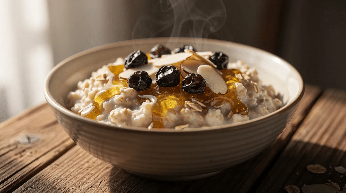 A ceramic bowl of morning oatmeal is topped with dehydrated blueberries, sliced almonds, and a drizzle of honey, all resting on a rustic wooden table. The vibrant colors and textures of the dried berries and nuts create an inviting and nutritious breakfast option.