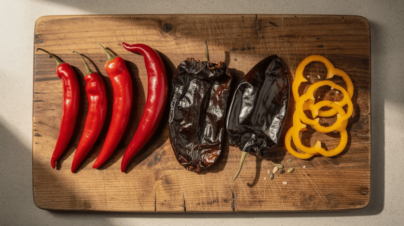 A colorful assortment of whole dehydrated peppers, including vibrant red cayenne, dark ancho, and bright yellow bell pepper slices, is beautifully arranged on a rustic wooden cutting board. This display highlights the variety of dried chili peppers that can be used in cooking to add flavor and heat to dishes such as soups, stews, and homemade hot sauces.