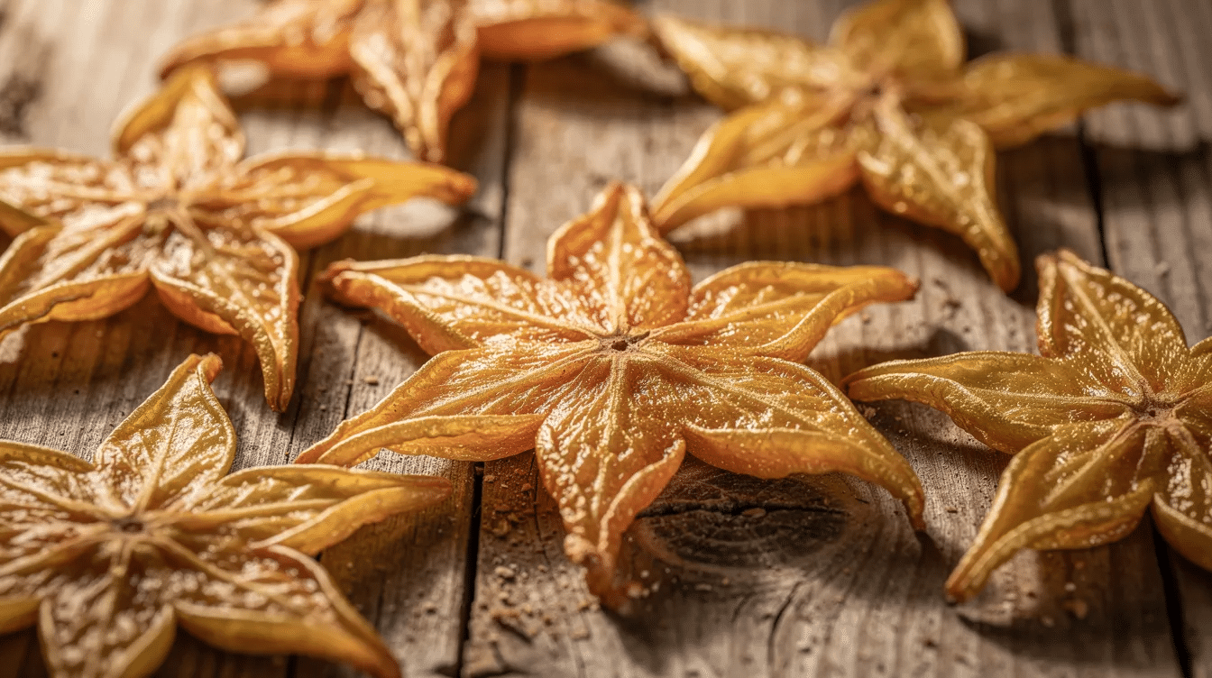 The image features golden star-shaped dried fruit slices, specifically dried starfruit, beautifully arranged on a rustic wooden surface. These slightly sweet slices are perfect for adding a unique touch to trail mixes, salads, or yogurt.
