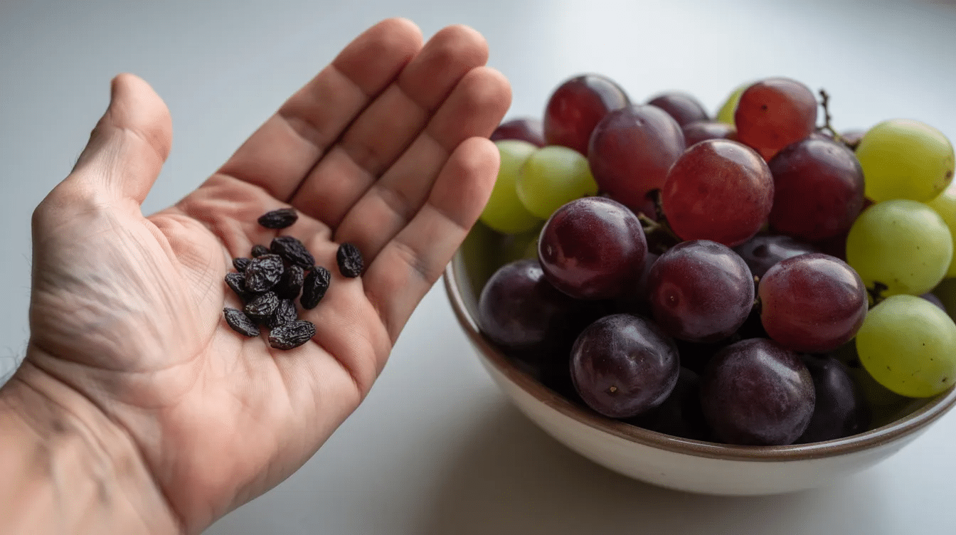 The image shows a person holding a small handful of raisins in one hand, positioned next to a bowl of fresh grapes for size comparison. This visual highlights the difference between dried fruit, like raisins, and their fresh counterparts, emphasizing the concentrated sugars and nutrient content found in dried fruits.