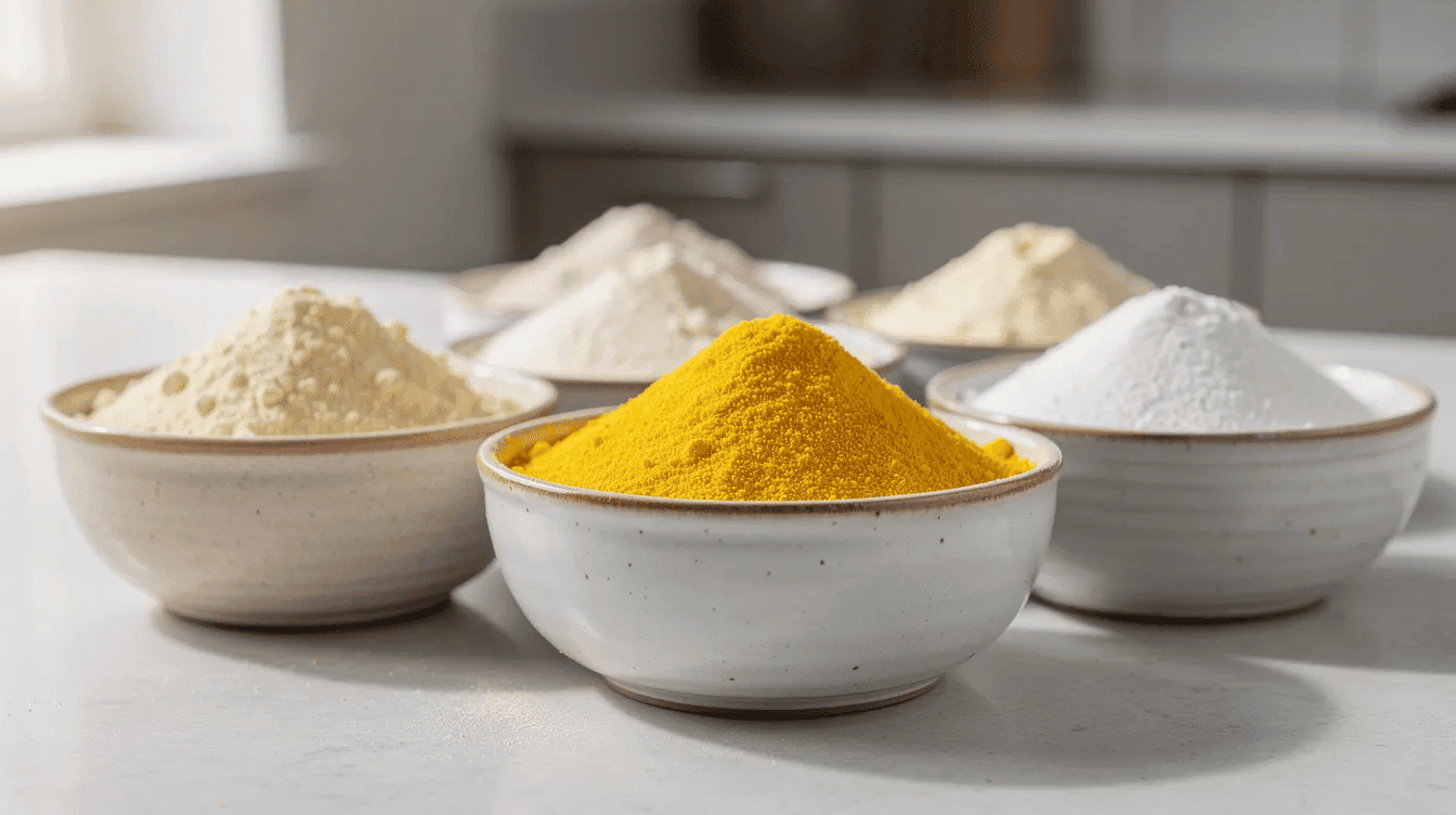 The image features several small bowls on a kitchen counter, each filled with different types of powdered eggs, including bright yellow whole egg powder and white egg white powder. These dehydrated eggs offer a long shelf life and are a versatile ingredient for cooking and baking, providing nutritional benefits similar to fresh eggs.