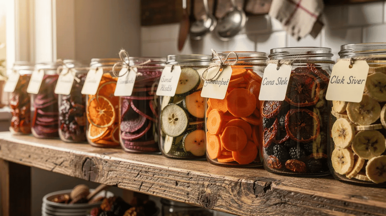 The image features an assortment of glass jars filled with colorful dehydrated vegetables and dried fruits, neatly arranged on a rustic wooden kitchen shelf. This display showcases the benefits of food dehydration, highlighting how to store dehydrated food for long shelf life while preserving the nutritional value of fruits and vegetables.