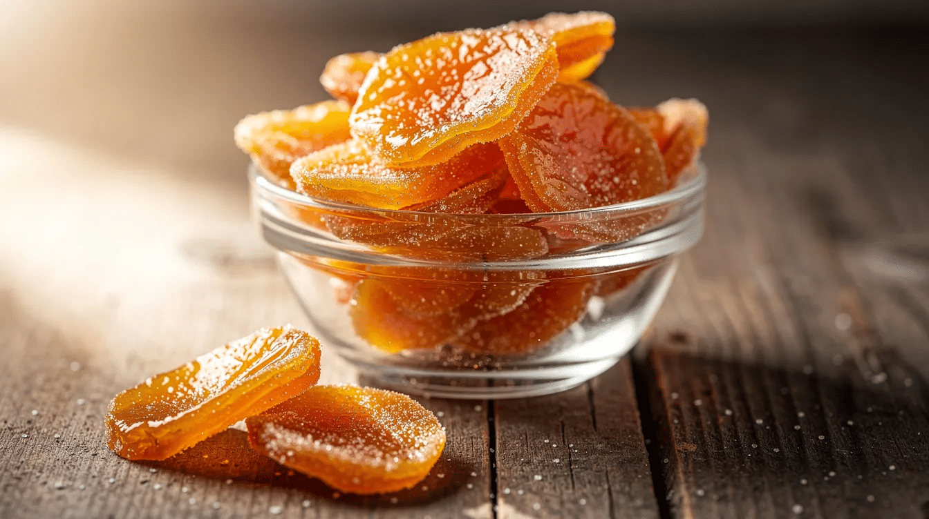 The image shows a jar filled with vibrant, candied dried peaches, showcasing their sweet, sticky texture. These delicious treats are perfect for snacking, adding to trail mixes, or decorating cakes.
