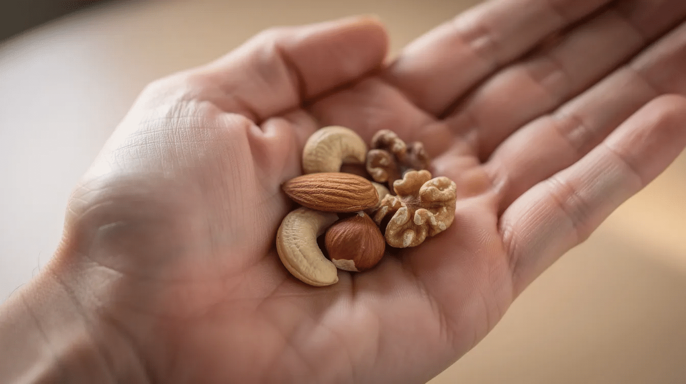 A person is holding a small measured portion of mixed nuts in their palm, showcasing a variety of healthy fats that can contribute to lowering cholesterol levels. This heart-healthy snack is rich in nutrients and antioxidants, making it a great choice for maintaining healthy cholesterol levels.