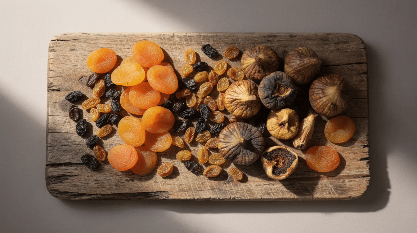The image features an assortment of dried fruits, including vibrant dried apricots, plump raisins, and rich figs, beautifully arranged on a rustic wooden cutting board. This nutritious snack showcases the concentrated sugars and fiber found in dried fruit, making it a perfect addition to trail mix or a healthy diet.