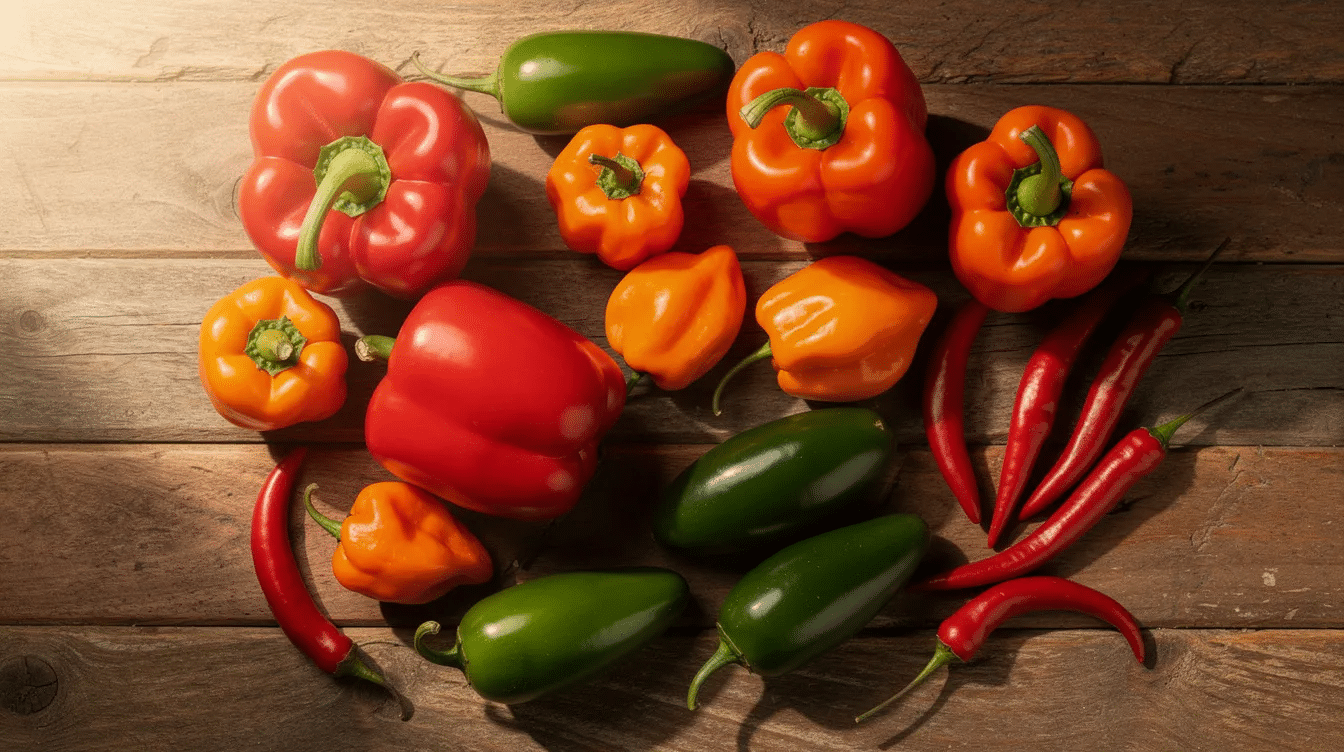 September 14, 2026 | The image features a vibrant array of fresh peppers, including red bell peppers, orange habaneros, green jalapenos, and small red cayenne peppers, artistically arranged on a rustic wooden table. This colorful display highlights the variety of chili peppers that can be dehydrated for making your own chili powder or spice blends.
