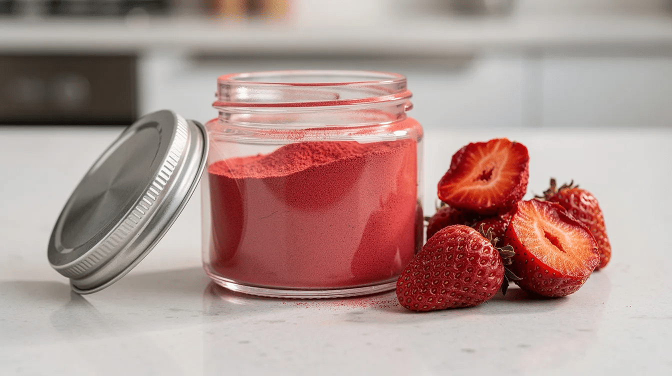 A small glass jar filled with vibrant red strawberry powder is placed on a kitchen counter, accompanied by whole dried strawberries. This scene highlights the transformation of fresh strawberries into dehydrated fruit, showcasing a delicious snack option for various recipes.