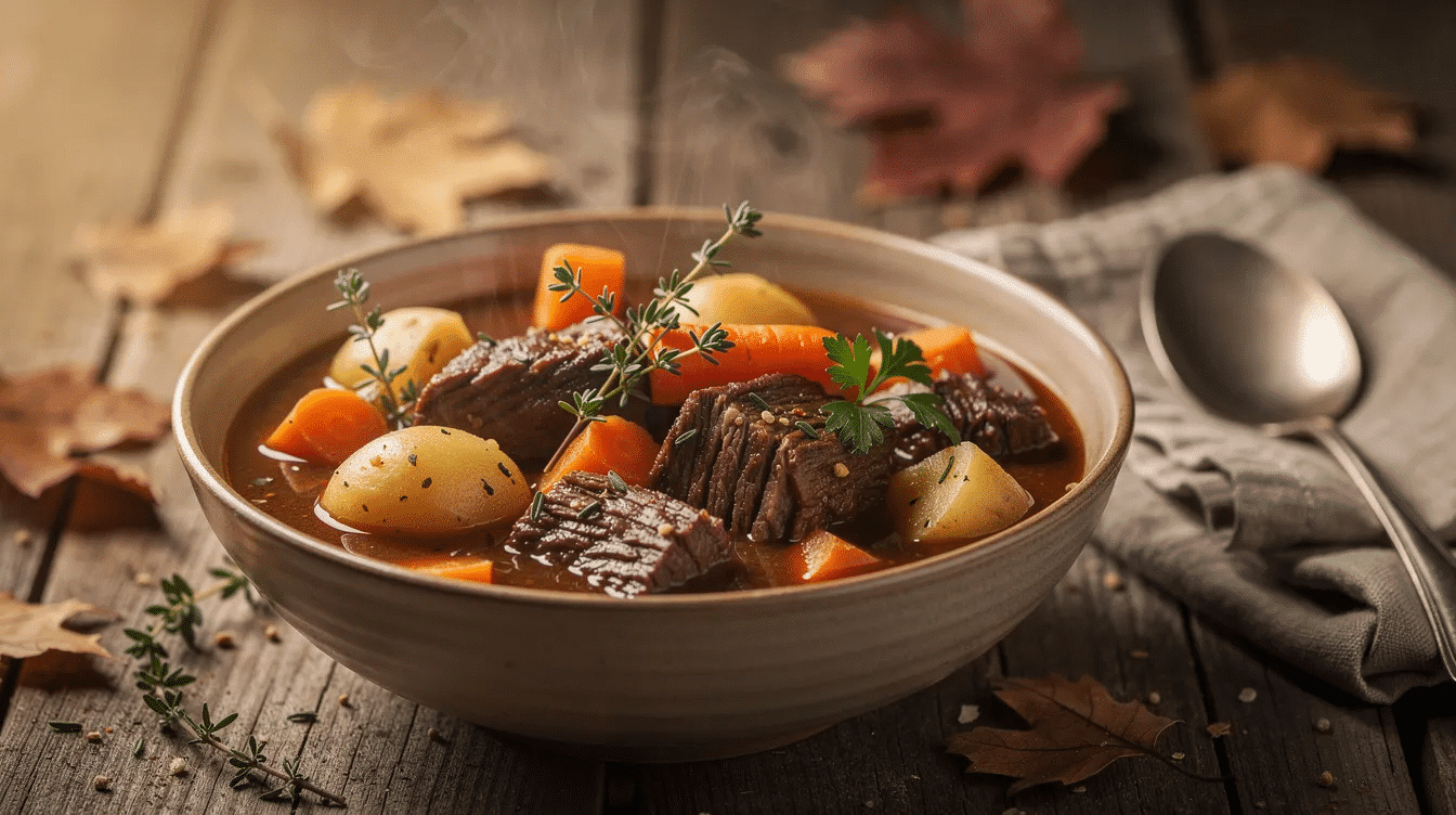 A steaming bowl of hearty beef stew filled with tender root vegetables and fragrant herbs sits on a rustic wooden table, illuminated by warm autumn lighting, making it a perfect cozy dish for fall dinner recipes. This comforting meal is ideal for sharing with the whole family as the season brings a craving for flavorful comfort food.