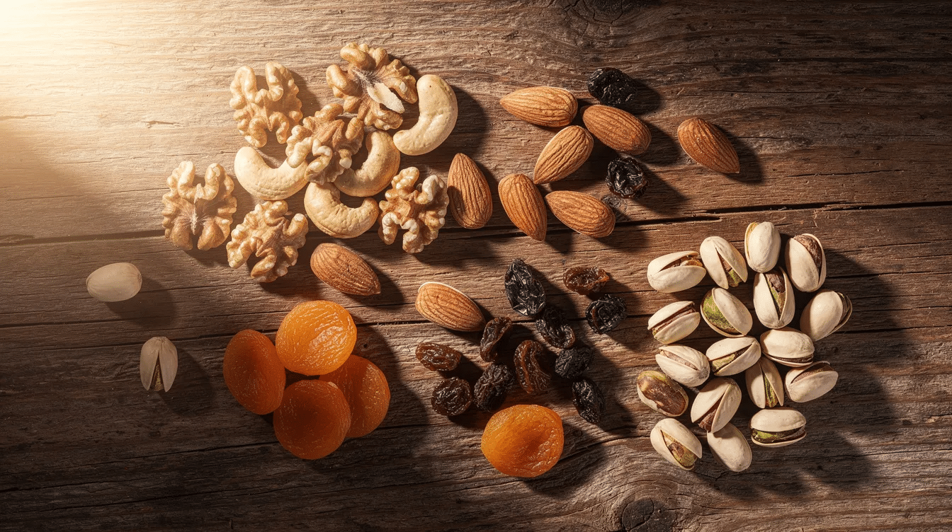 An assortment of almonds, walnuts, pistachios, raisins, and dried apricots is beautifully arranged on a rustic wooden surface, showcasing a colorful selection of nuts and dried fruits that are beneficial for heart health and cholesterol control. This vibrant display highlights the healthy unsaturated fats and natural sugars found in these foods, making them a great addition to a heart-healthy diet.
