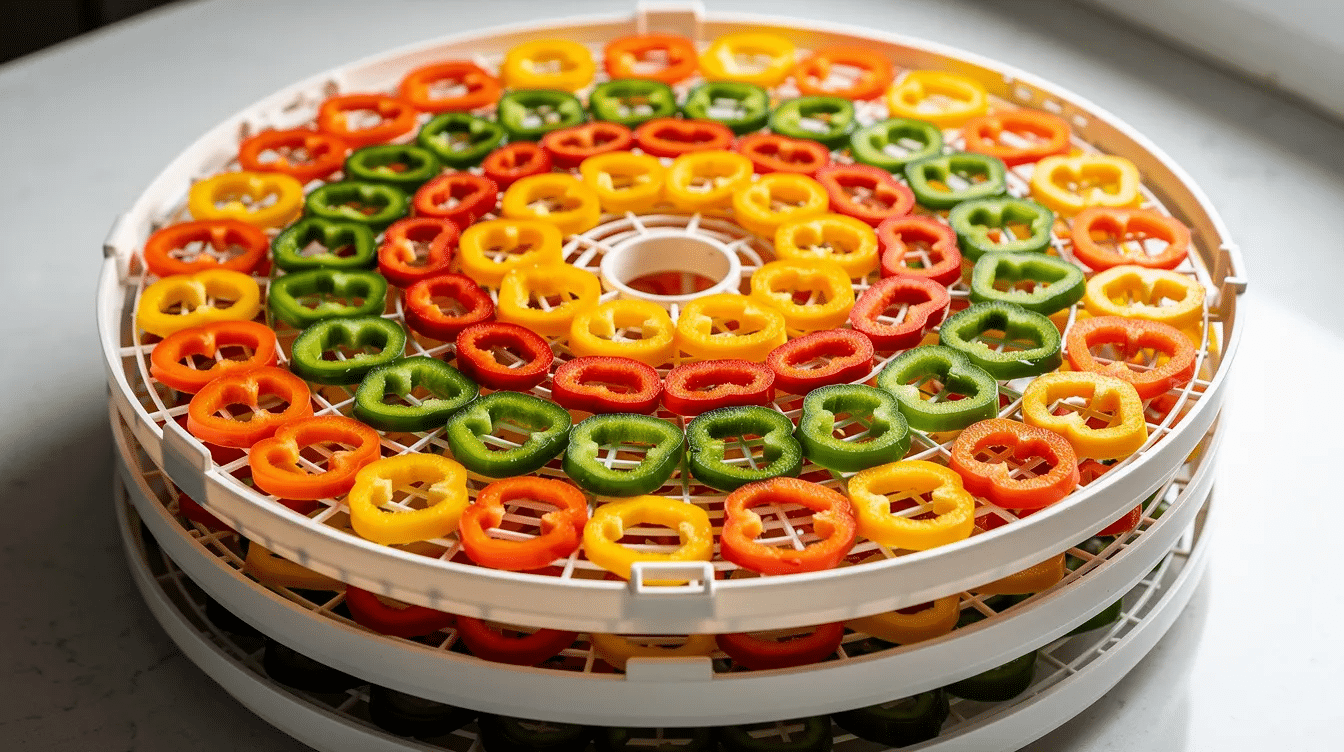 September 14, 2026 | Sliced colorful peppers, including bell peppers and hot peppers, are neatly arranged in rows on stacked dehydrator trays, ready for drying. This setup is ideal for dehydrate peppers to create your own chili powder or spice blends.
