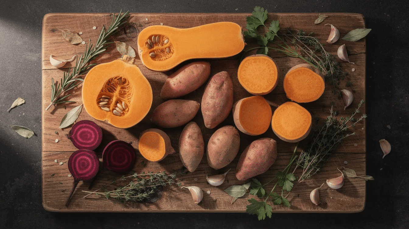 A wooden cutting board is adorned with a colorful array of autumn vegetables, including butternut squash, sweet potatoes, and beets, complemented by fresh herbs. This vibrant display highlights the essence of healthy fall recipes, perfect for meal prep during the cozy fall season.