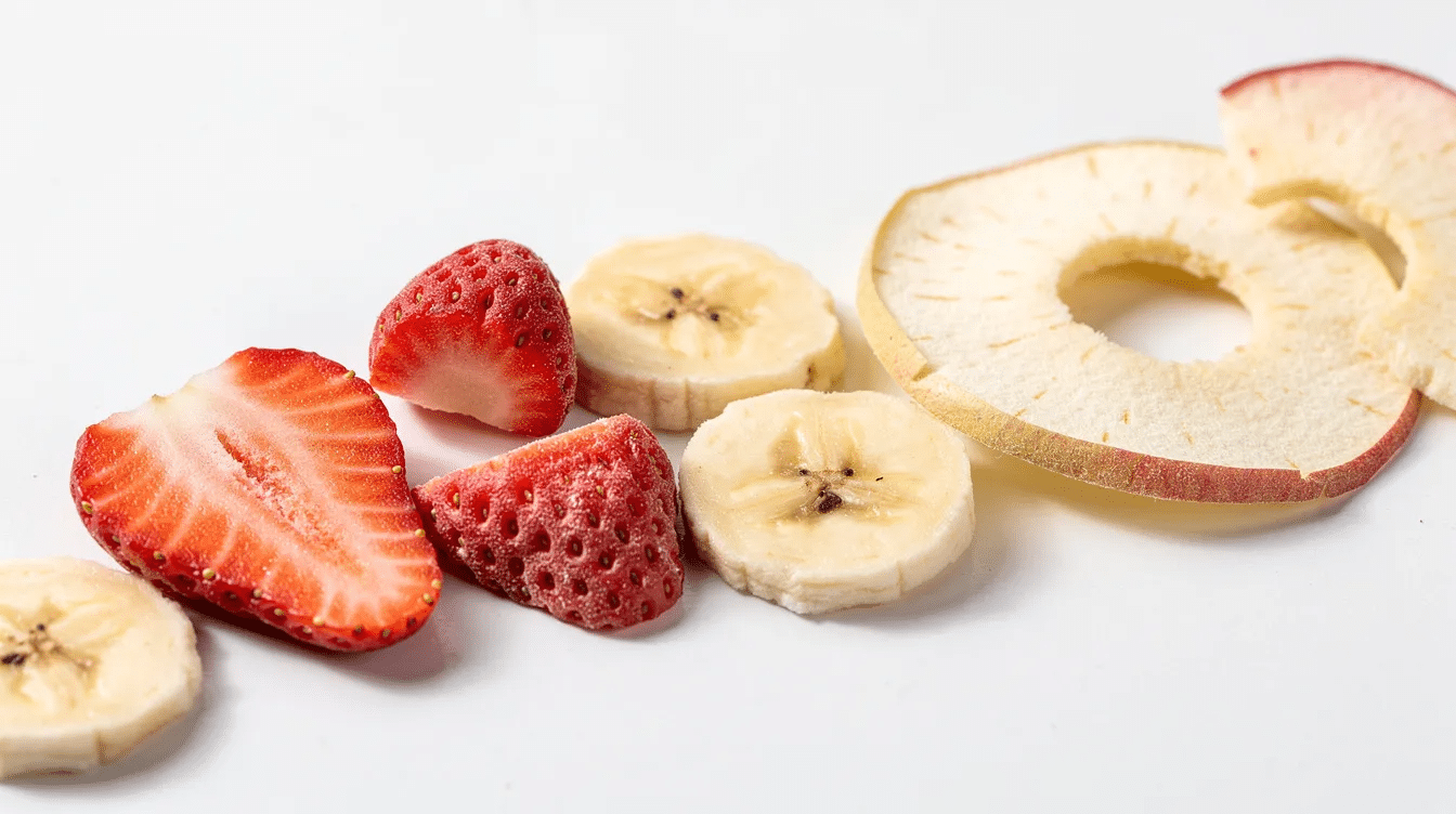 A vibrant assortment of freeze dried strawberries, banana slices, and apple rings is artfully arranged on a white surface, showcasing the colorful and nutritious freeze dried fruit. This display highlights the appeal of freeze drying as a food preservation method, extending the shelf life of fresh fruit while retaining essential nutrients.