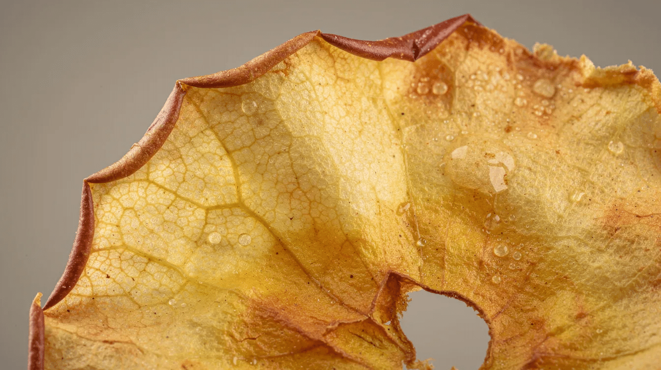 A close-up macro shot of a crispy apple chip reveals its translucent texture and fine details, showcasing the natural beauty of this freeze-dried fruit crisp. The image highlights the simplicity of the snack, made from just one ingredient, and emphasizes its gluten-free and vegan qualities.