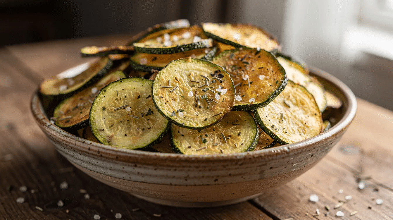 A rustic ceramic bowl is filled with golden-brown crispy zucchini chips, showcasing thin rounds of sliced zucchini seasoned with herbs. These delicious zucchini chips offer a low-carb snack option, perfect for enjoying on their own or as a crunchy addition to various dishes.