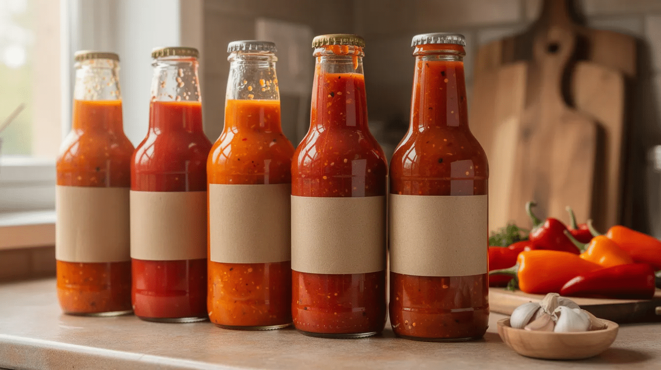 The image features an array of glass bottles filled with homemade chili hot sauce, showcasing a vibrant spectrum of red and orange hues, all neatly arranged on a kitchen counter. These sauces, made from a variety of hot peppers and spices, highlight the flavors of dehydrated and fresh peppers, perfect for enhancing dishes like soups, stews, and pizzas.