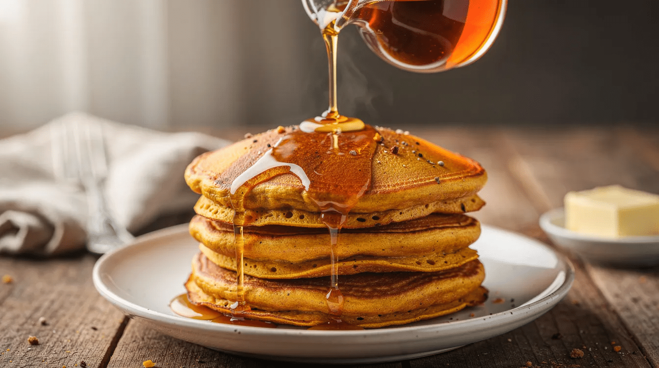 A plate stacked high with golden pumpkin pancakes is drizzled with warm maple syrup, creating a delicious breakfast treat perfect for fall. The pancakes, infused with pumpkin spice, promise a sweet and flavorful start to the day.