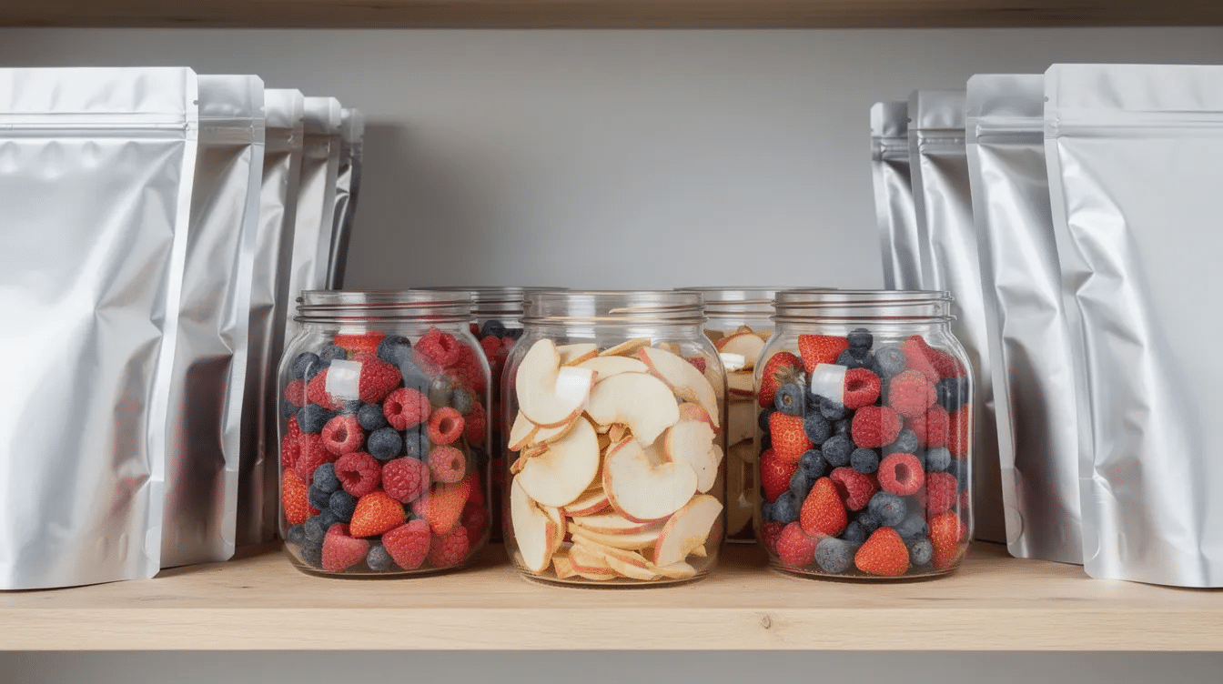 The image shows sealed silver Mylar bags and glass jars filled with an assortment of freeze dried fruit, including strawberries, blueberries, and apple slices, neatly arranged on a pantry shelf. These freeze dried products are ideal for long-term storage and preserving food, maintaining their nutrients while providing a shelf stable option for snacking.