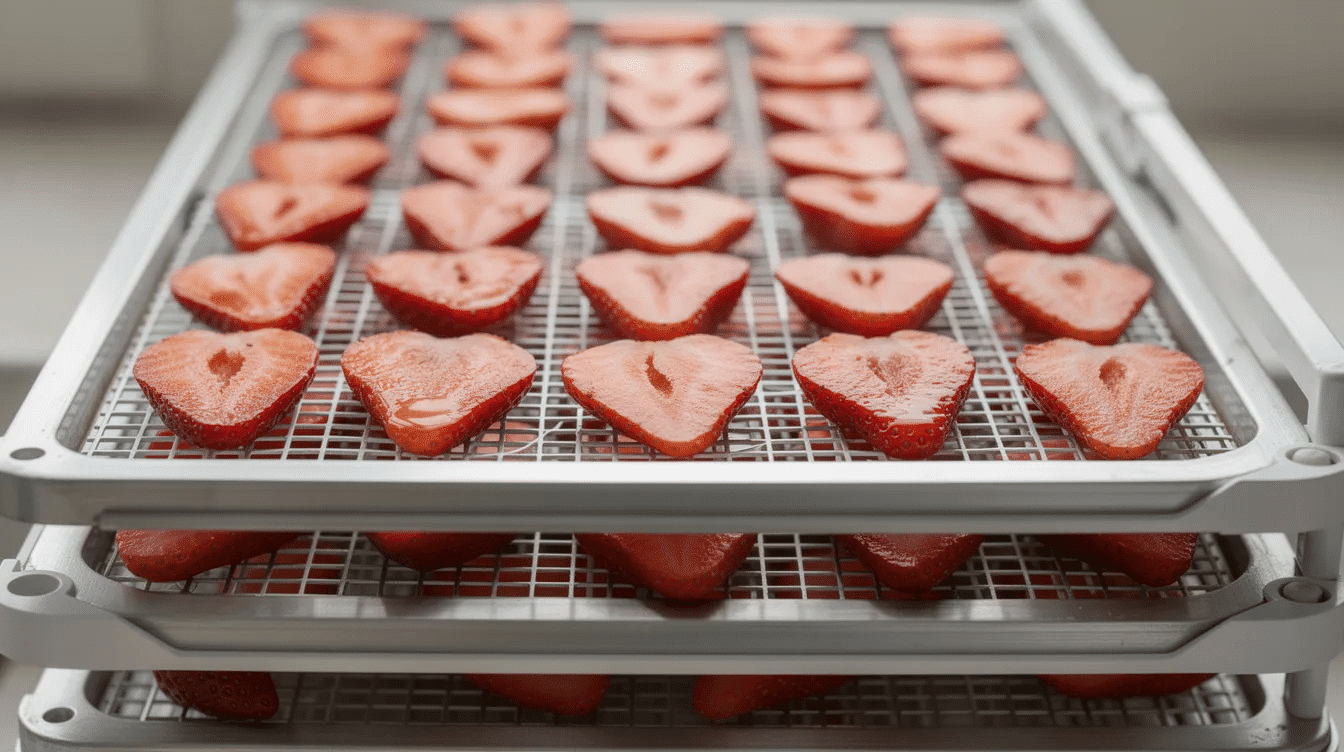 The image shows neatly arranged rows of red strawberry slices on stacked dehydrator trays, with visible gaps between each piece, highlighting the process of dehydrating fresh strawberries. These uniform slices are prepared for drying to create delicious snacks like dried strawberries or strawberry chips.