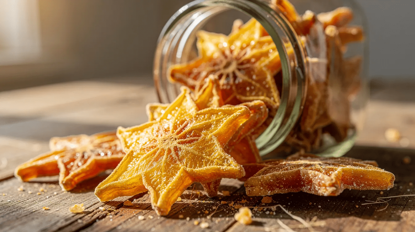 The image shows dried star fruit slices spilling out of a glass mason jar onto a wooden table, showcasing their star-shaped form and slightly sweet appearance. These dehydrated pieces of star fruit, perfect for trail mixes or salads, add a vibrant touch to any dish with their unique shape and flavor.