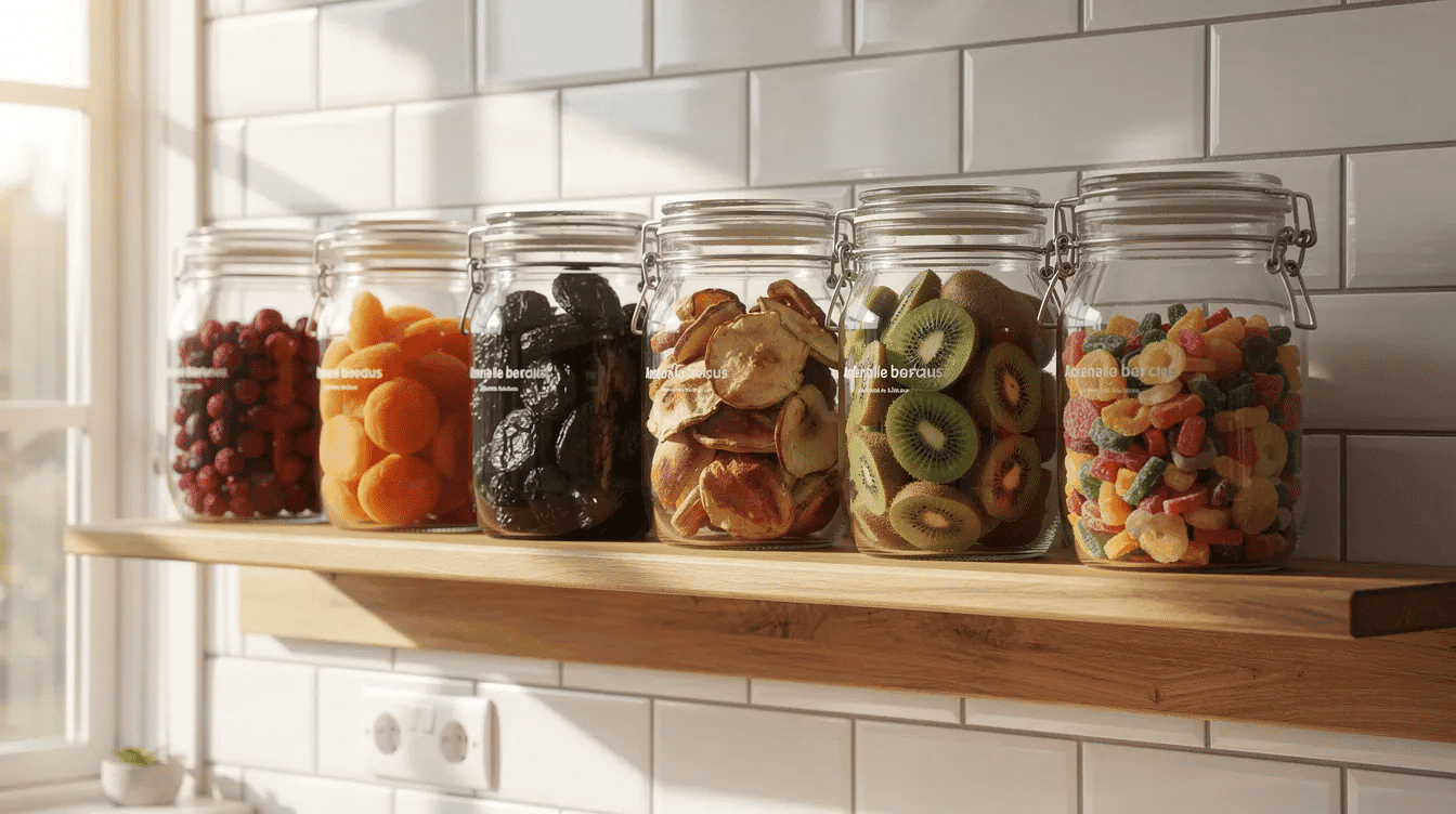 Assorted dehydrated fruits in glass jars on a kitchen shelf.