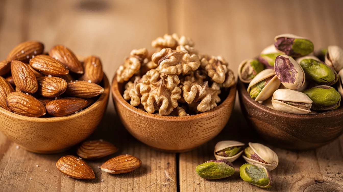 This close-up image features roasted almonds, raw walnuts, and shelled pistachios neatly arranged in small wooden bowls, showcasing a variety of nuts that are beneficial for heart health and lowering cholesterol levels. These nuts are rich in healthy unsaturated fats and nutrients, making them a great addition to a heart-healthy diet.