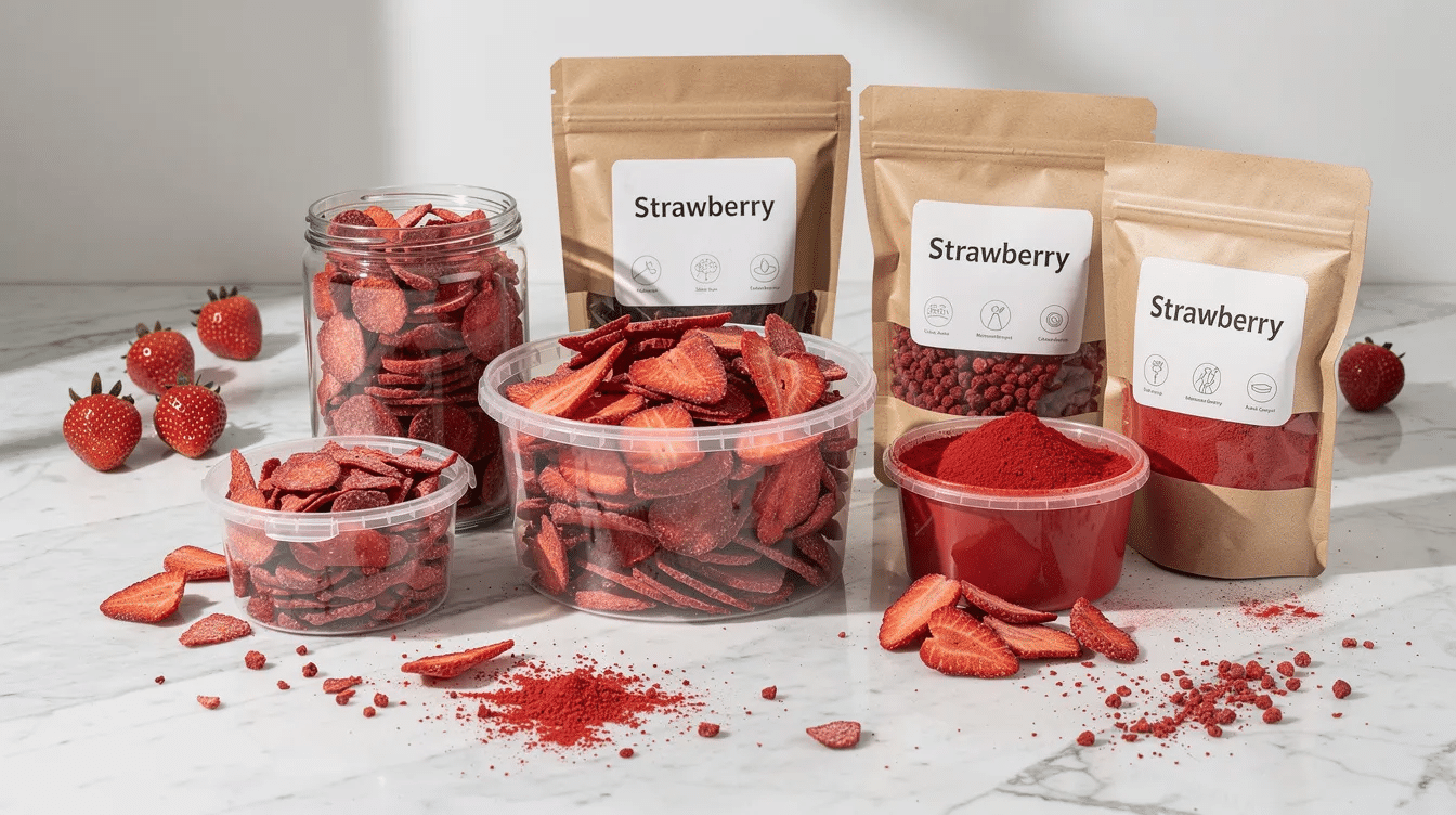 The image features a variety of dehydrated strawberry products, including freeze-dried strawberries and dried strawberries, artfully arranged on a marble countertop, with some scattered freeze-dried pieces adding a playful touch. This colorful display showcases healthy snacks that are perfect for baking, smoothies, and enjoying as nutritious treats.