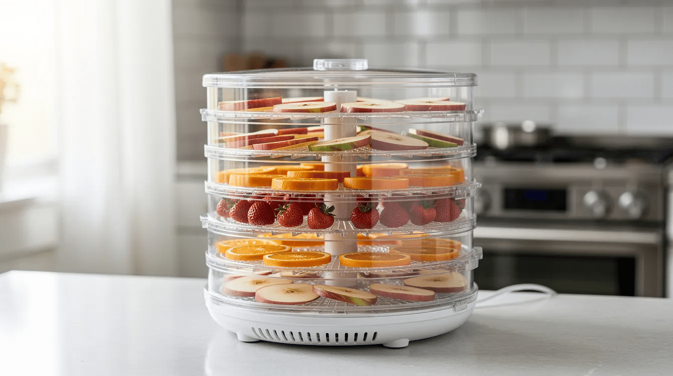 A food dehydrator with multiple round trays stacked on a kitchen counter is ready for use, showcasing its capability to dehydrate ingredients such as vegetables, fruits, and even homemade hot sauce. The trays are designed to allow hot air circulation, ensuring that the food becomes completely dry, perfect for creating flavorful powders or snacks for a backpacking trip.