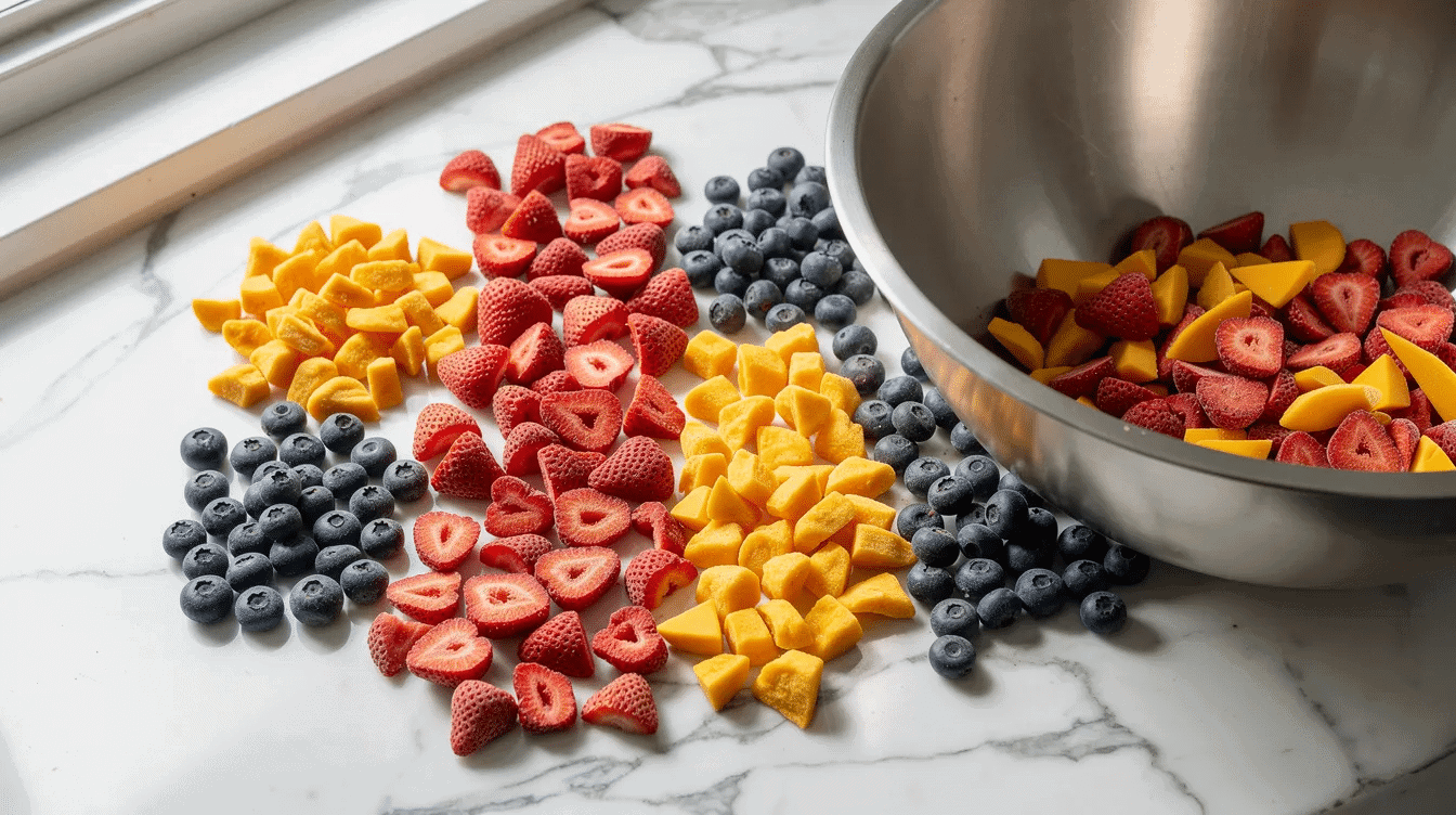A vibrant assortment of freeze dried strawberries, blueberries, and mango pieces is beautifully arranged on a marble countertop, next to a mixing bowl, showcasing the colorful and concentrated flavors of freeze dried fruit ideal for baking. This display emphasizes the versatility of freeze dried fruit in enhancing the taste and visual appeal of baked goods.