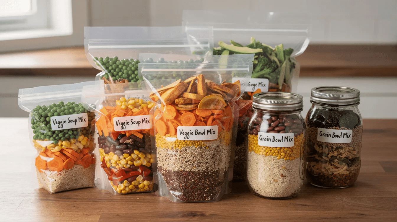 Assorted dehydrated food mixes in clear jars and bags on a kitchen counter.