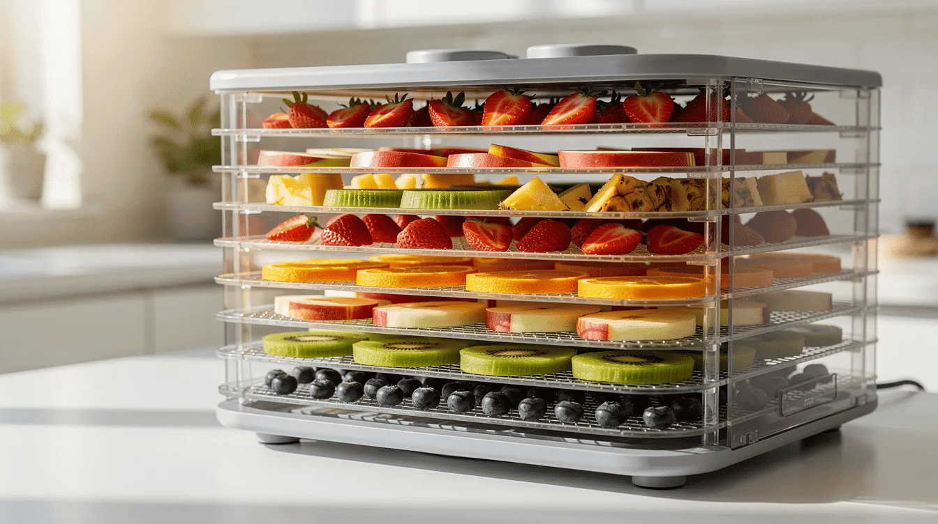 The image shows a food dehydrator filled with multiple trays of colorful sliced fruit, including fresh strawberries, blueberries, and apples, set against a bright kitchen backdrop. This setup highlights the process of dehydrating fruit, showcasing healthy snacks that can be stored for long-term use.