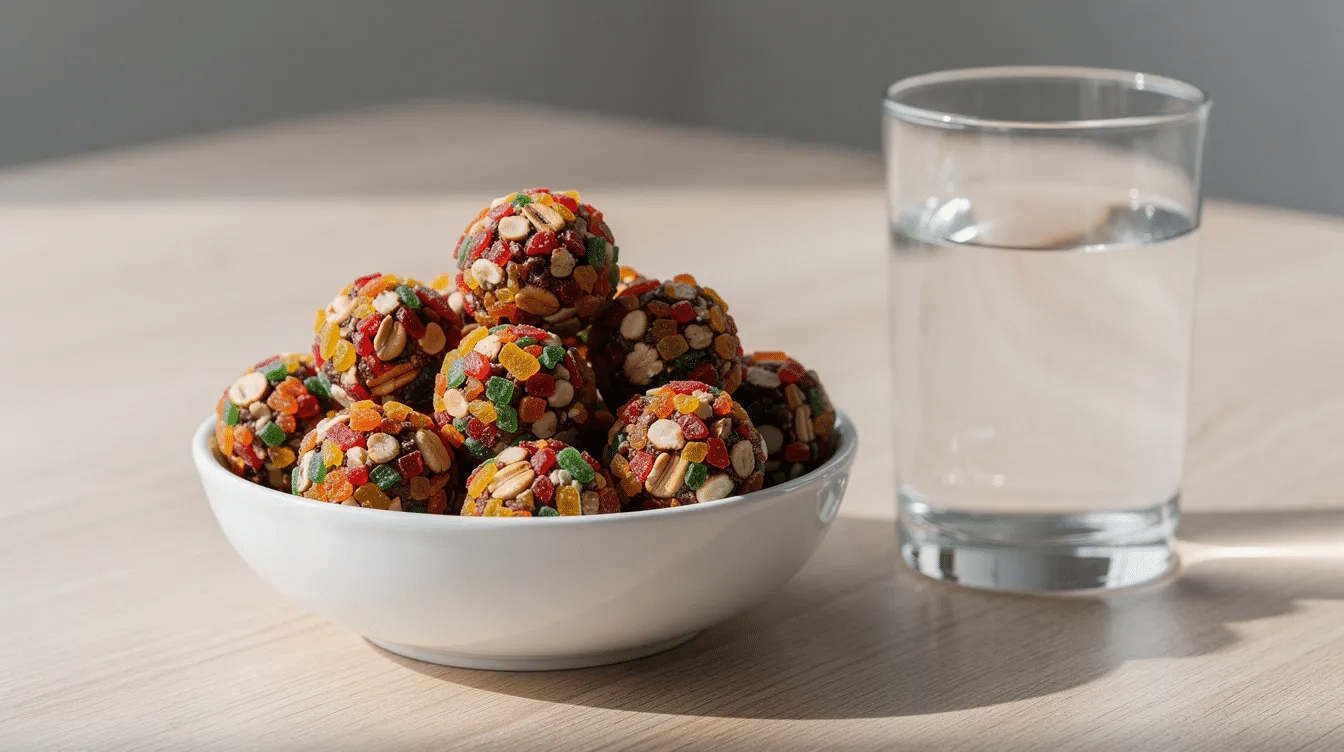 The image features a ceramic bowl filled with small, colorful dried fruit and nut candy balls, showcasing their vibrant hues and natural sweetness. Beside the bowl, there's a glass of water, creating an inviting snack scene perfect for indulging a sweet tooth.