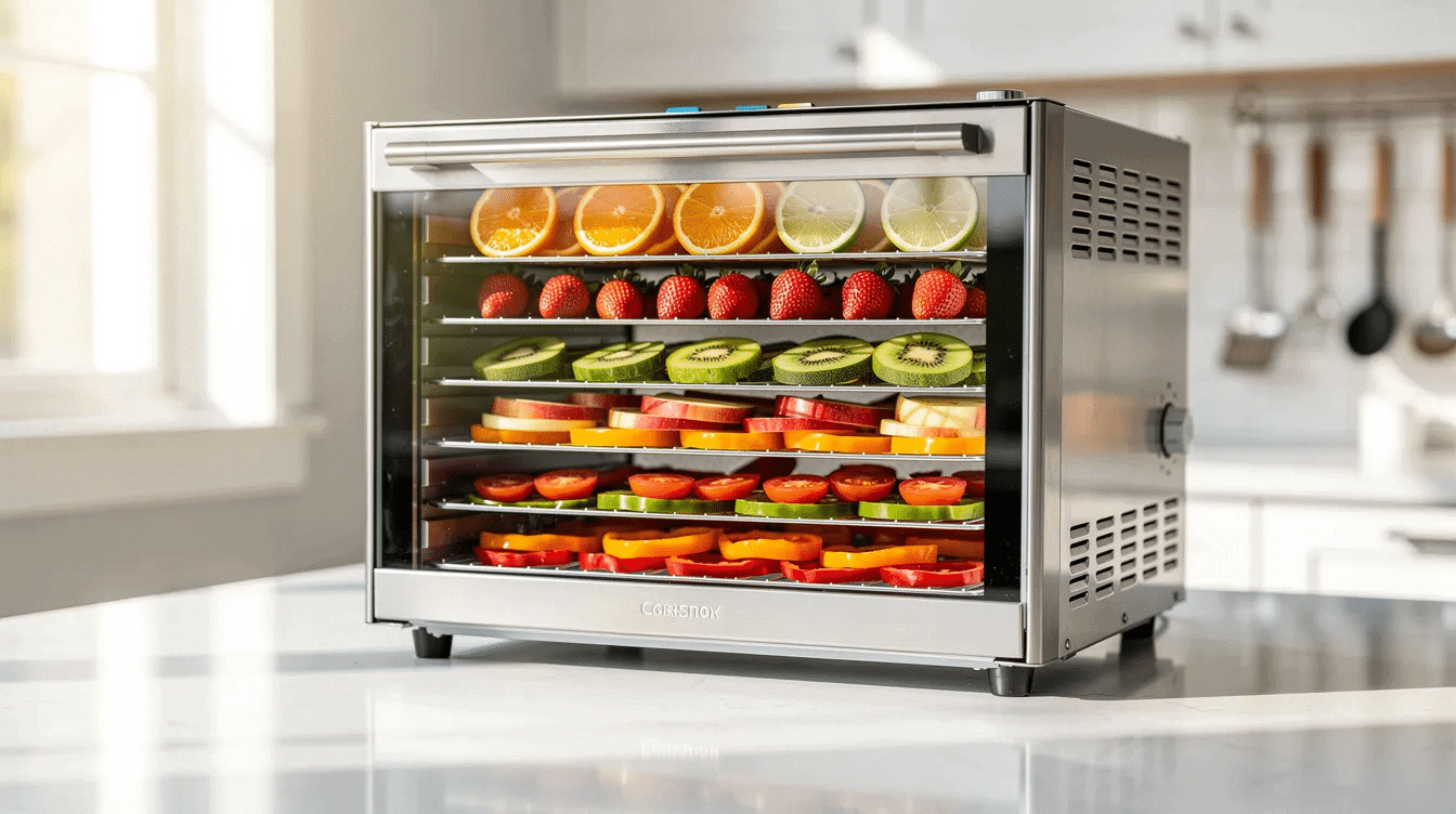 The image depicts a kitchen counter featuring a food dehydrator filled with vibrant, sliced fruits and vegetables, such as tomatoes, sweet potatoes, and green beans, all prepared for the food dehydration process. This setup highlights the potential for creating nutritious dehydrated meals and snacks while reducing food waste.