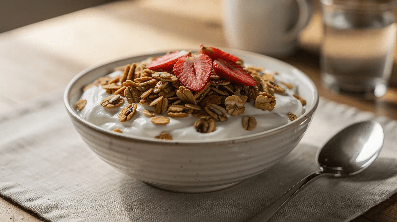 A ceramic bowl filled with creamy yogurt is topped with crunchy granola and vibrant slices of dehydrated strawberries, creating a visually appealing breakfast setting on a table. The combination of fresh yogurt and dried strawberries offers a delicious and healthy snack option to start the day.