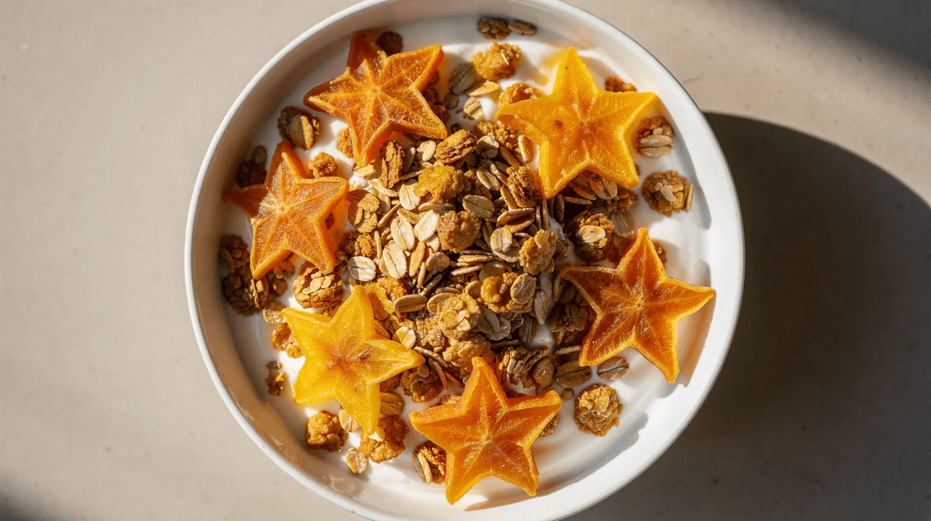 The image features bright, star-shaped slices of dried star fruit scattered over a bowl of creamy yogurt and crunchy granola, creating a visually appealing and nutritious breakfast option. The slightly sweet dried fruit adds a pop of color and flavor to the dish, showcasing the vibrant shape of the star fruit.
