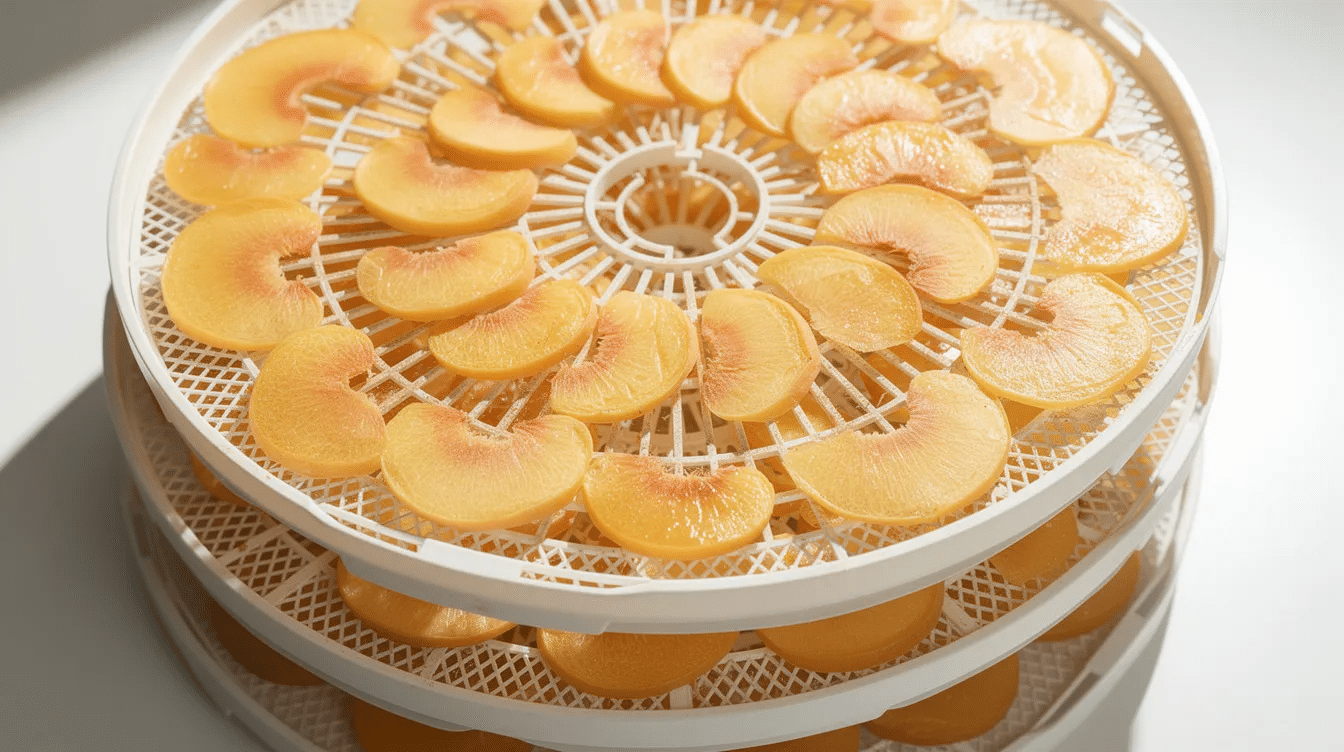 The image shows golden translucent slices of ripe peaches arranged neatly in rows on round dehydrator trays, ready for the dehydrating process to transform them into delicious dried fruit. These candied dried peaches will have a sweet flavor and a chewy texture, perfect for snacking or adding to trail mixes.