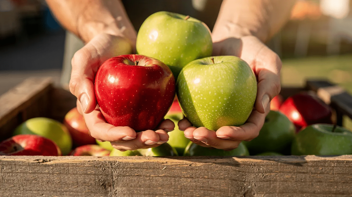 A pair of hands is holding a variety of apples, including green Granny Smith and red apples, above a rustic wooden crate. This image showcases fresh fruit, which can be used in the drying process to create delicious dehydrated apple slices or apple chips.
