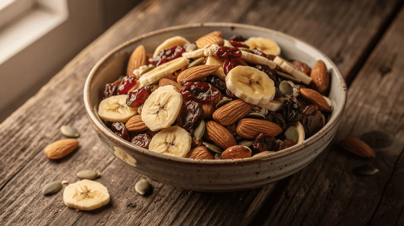 A rustic bowl filled with a colorful trail mix featuring dried cranberries, banana chips, crunchy almonds, and pumpkin seeds is placed on a weathered wooden table, showcasing a delicious blend of textures and flavors perfect for snacking. This mix highlights the appeal of dehydrated fruit and nuts, offering a nutritious and shelf-stable option for a quick energy boost.