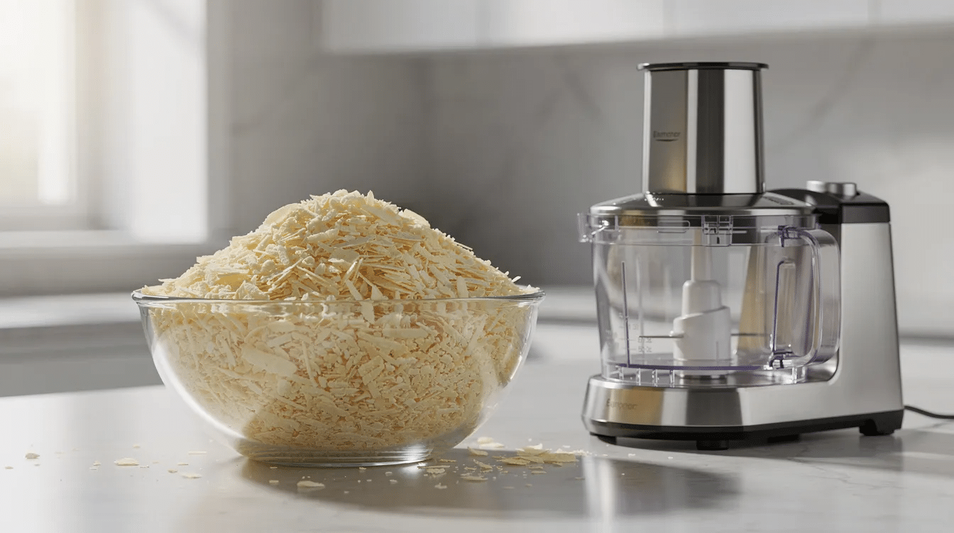 The image shows a glass bowl filled with light-colored potato flakes, which can be used to make instant mashed potatoes, placed next to a food processor on a kitchen counter. This setup highlights the process of dehydrating potatoes, making it easy to prepare delicious side dishes like potato pancakes or soups.
