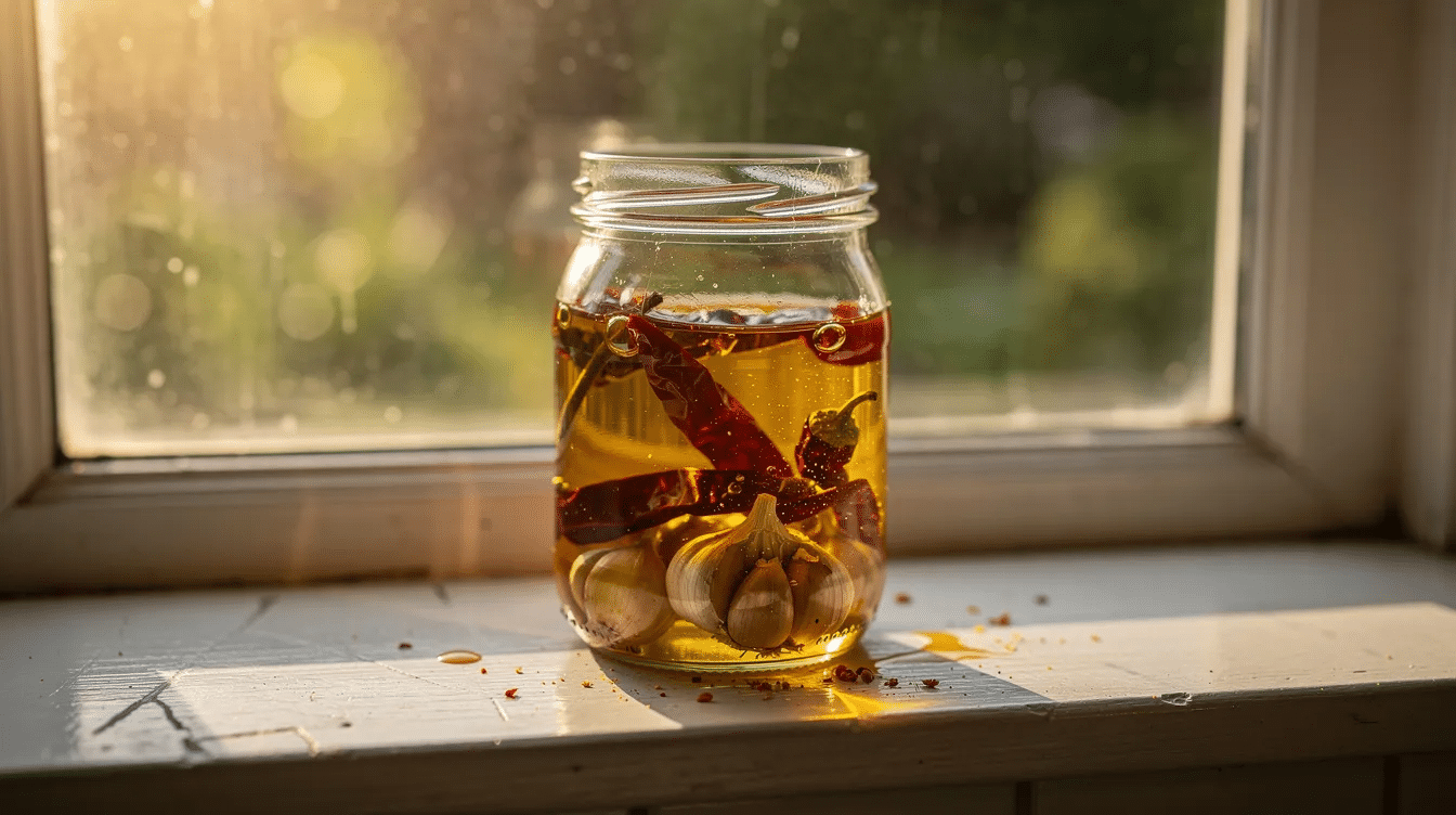 A small glass jar filled with golden chili-infused olive oil showcases whole dried red peppers and garlic cloves, resting on a sunny kitchen windowsill. This image highlights the vibrant colors and textures of dehydrated peppers, perfect for enhancing the flavor of homemade hot sauces and various dishes.