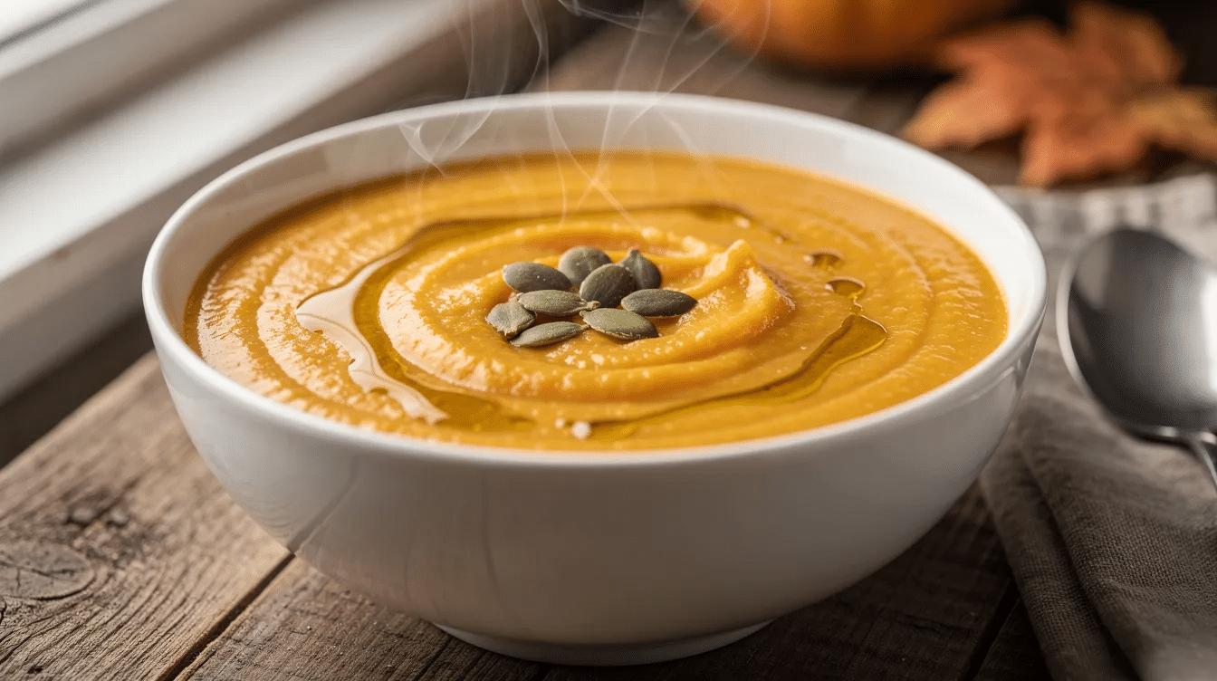 A steaming bowl of creamy butternut squash soup is presented, garnished with crunchy pumpkin seeds and a drizzle of olive oil, embodying the essence of healthy fall recipes. This comforting dish, perfect for the autumn season, showcases simple ingredients that create a delicious and nutritious meal.