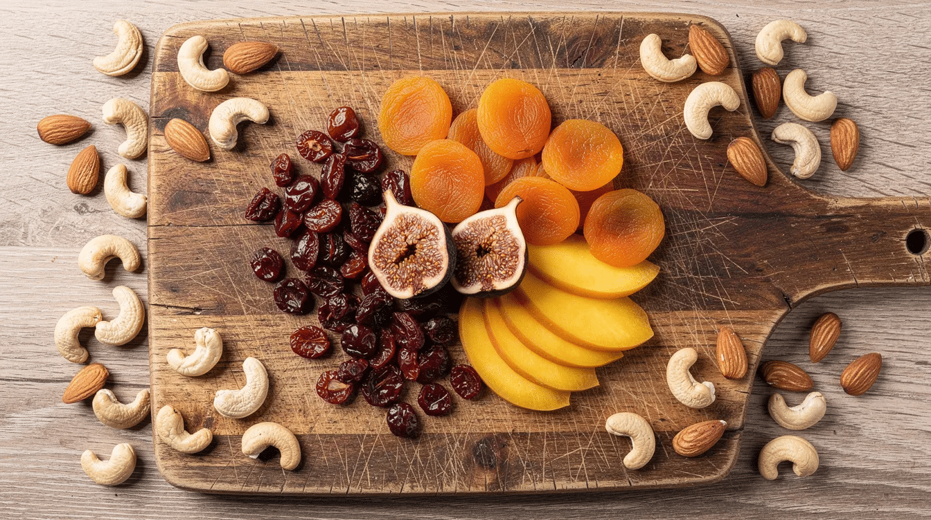 An assortment of dried fruits, including apricots, cranberries, mango slices, and figs, is beautifully arranged on a rustic wooden cutting board, complemented by scattered almonds and cashews. This colorful display showcases the natural sweetness and intense flavor of these delicious snacks, perfect for satisfying a sweet tooth.