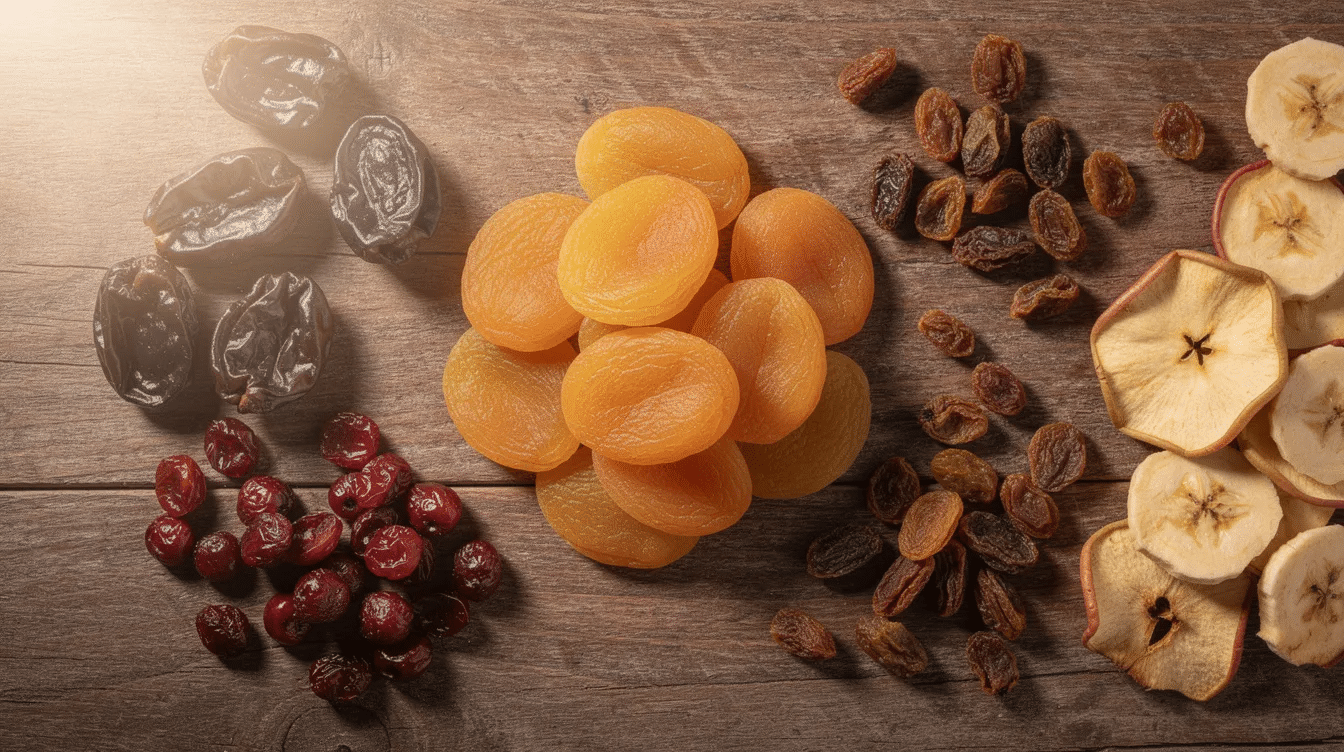 The image features an assortment of dried fruits, including raisins and dried plums, which are often enjoyed as a healthy snack. Incorporating dried fruits into a heart-healthy diet can help with cholesterol control and provide essential nutrients, including soluble fiber and antioxidants.
