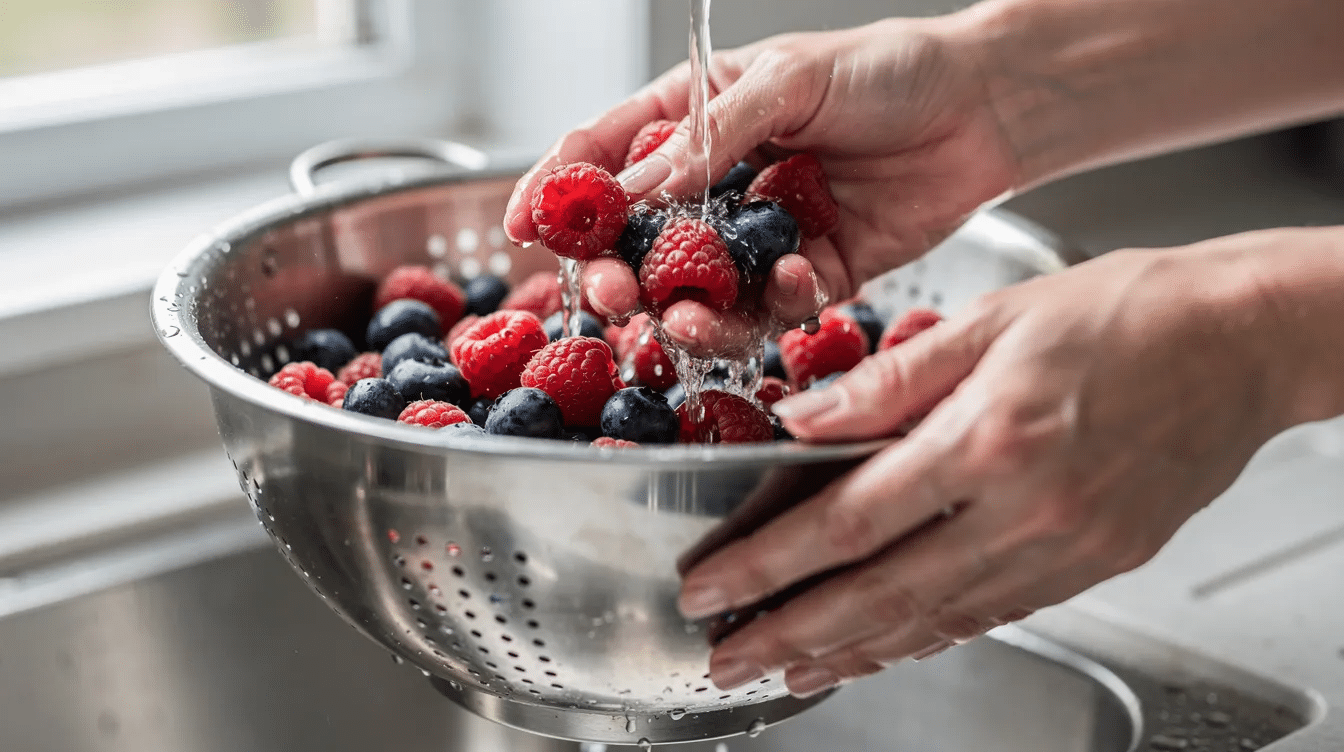 The image shows hands gently washing fresh raspberries and blueberries in a metal colander under a stream of cold water, highlighting the vibrant colors of the berries as they are prepared for consumption. This scene emphasizes the freshness of the fruit, making it a perfect addition to healthy snacks or morning oatmeal.